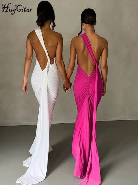 Hugcitar One Shoulder Backless Adjustable Scarf Loop Ruched Sexy Maxi Dress Women Elegant Y2K Streetwear Festival Outfit 260316