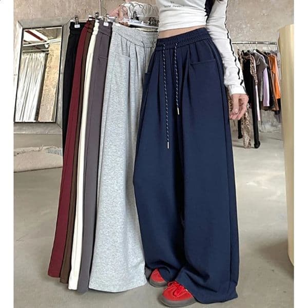 Autumn Women Hip Hop Style Baggy High Waisted Long Pants Lady Versatile Streetwear Solid Color Drawstring Wide Leg Trousers 260318