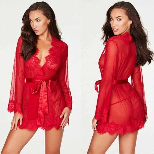 Sexy Porno Sleepwear Women Sexy Lingerie Set Lace Robe Nightdress Underwear Babydoll G-String Nightgown Dress Sex Clothes W260318