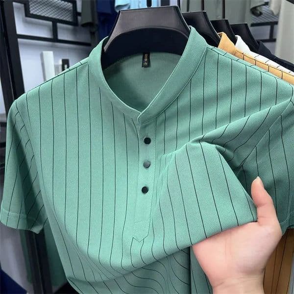 Summer Polo Shirts Mulberry Silk Mens Short-sleeved T-shirt Slim Striped Stand-collar Half-sleeve Style 260317