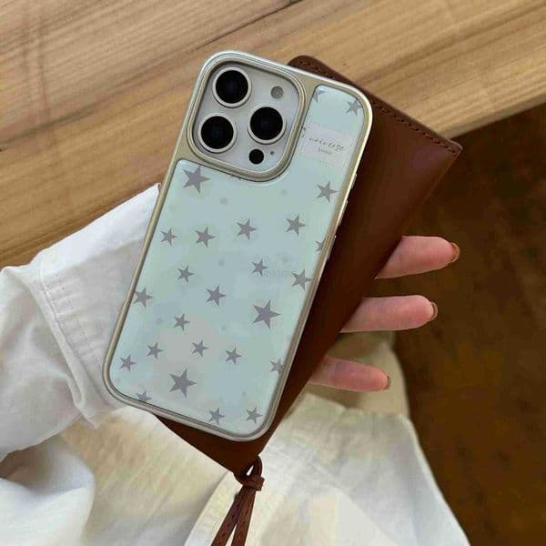 Full Screen Grey Five Pointed Star Grey Wave Point Mint Blue Cover Case for iPhone 13 14 15 16 Pro Max Glossy Shockproof Phone H260318