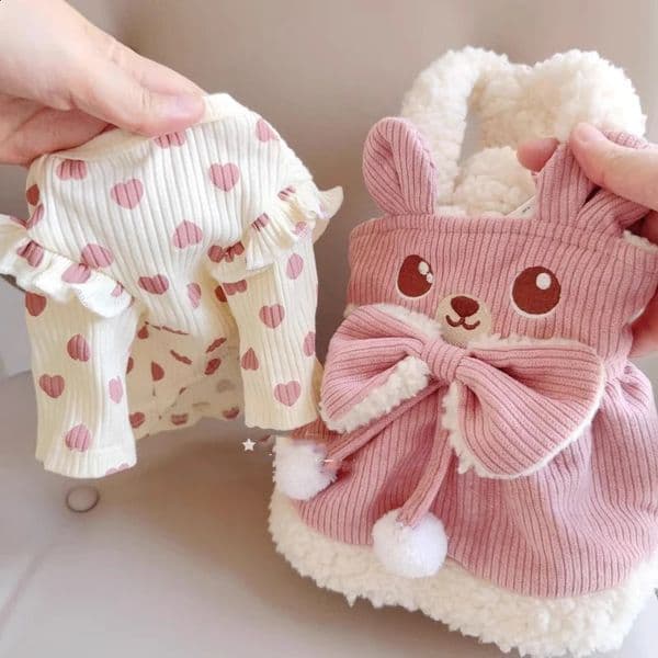 Corduroy Dresses For Dogs Pink Yellow Winter Bear Bow Pet Jumper Yorkie Chihuahua Costumes Girl Boy Female Costumes XS 2XL Puppy 260317