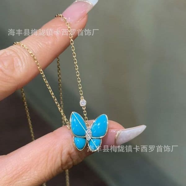 Designer Jewelry Vanny cleef 18k Rose Gold Plated Butterfly Mother-of-Pearl Necklace with Marquise-Cut White Gold Diamond Turquoise Blue New Model
