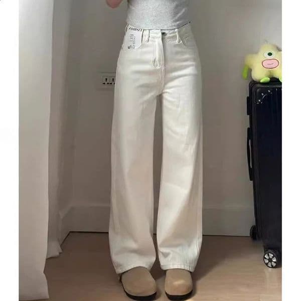 Lady Korean Fashion High Waist Jeans Pants Women Loose Fit Denim Trousers Girls White Casual Straight Leg Pants 260318