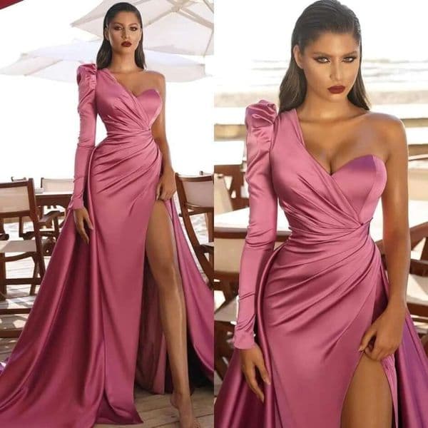 Arabic Elegant One Shoulder Satin Prom Dresses 2026 Long Sleeve Ruched High Split A Line Women Formal Party Evening Gowns BC10583