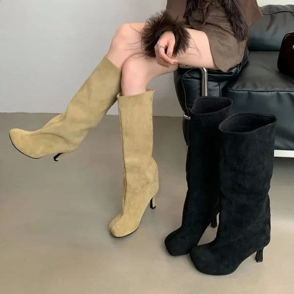Womens Boots Winter Round Toe Knee-High Women Boots Punk Thin High Heels Women Shoe Female Long Booties Zapatos De Mujer 260317