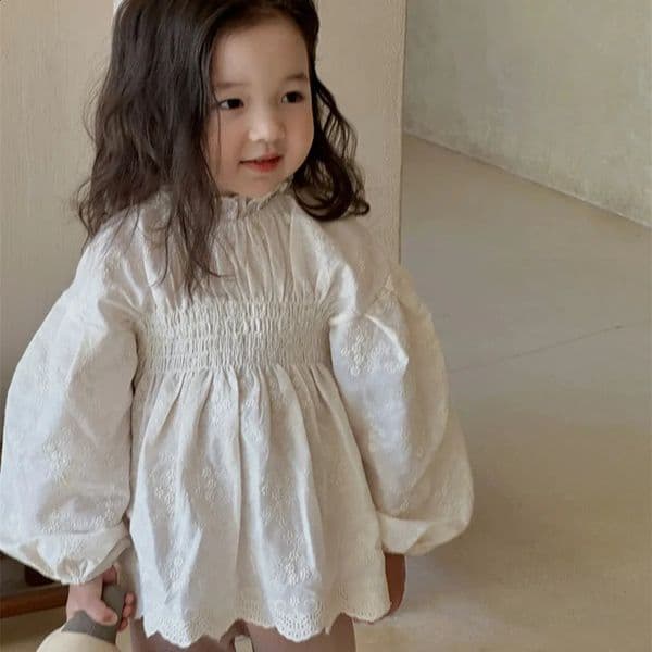 deer jonmi Spring Korean Style Toddlers Kids Lace Embroidery Blouses Lantern Sleeve Tops Children Princess Shirts 260317