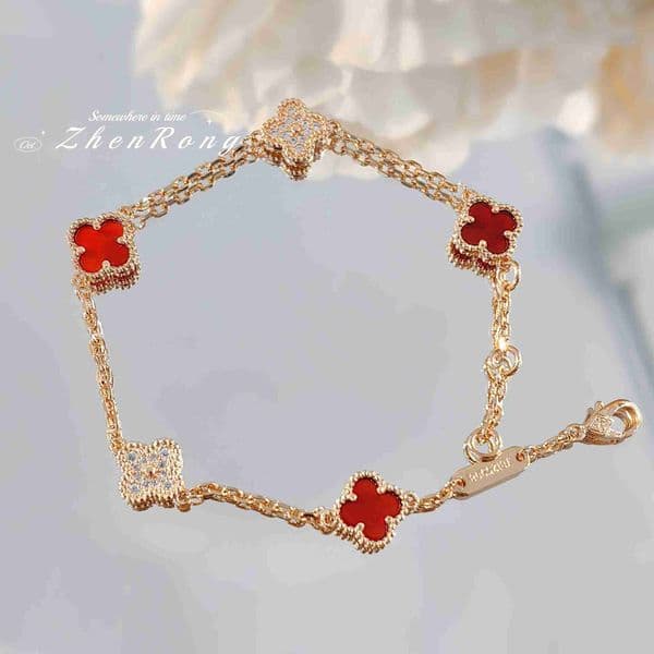 Jewelry Vanry cleef Version Mini Four-Leaf Clover Red Agate Bracelet V Gold Pink Quartz Interlayer Diamond Lucky Clover White Mother-of-Pearl Bracelet for Women