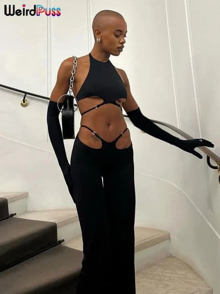 Weird Puss Hollow Straps 2 Piece Sets Woman Summer Sexy Solid Halter Backless TopsSequined Flared Pants Party Skinny Outfits 260318