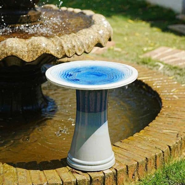 17'' Ceramic Bath Outside, Elegant Tall Outdoor Bird Bath, Lightweight Pedestal Glazed Birdbaths for Outdoors with Swirl Pattern, Blue Ombre 6698