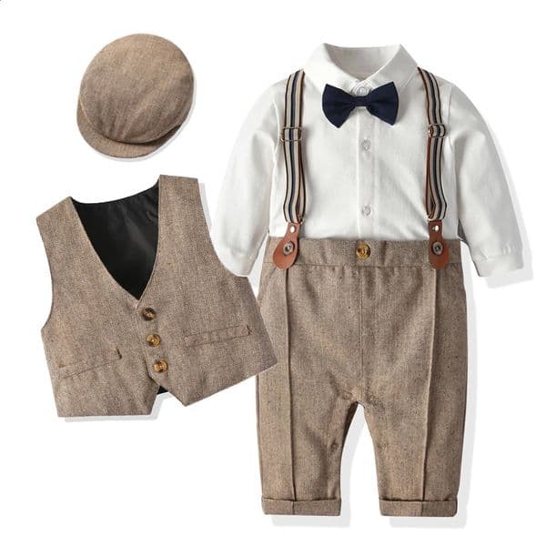 born Baby Boy Formal Suit Party Birthday Wedding Toddler Boys Outfit JumpsuitWaistcoatBeretBowtieSuspender 0-3 Months 260313