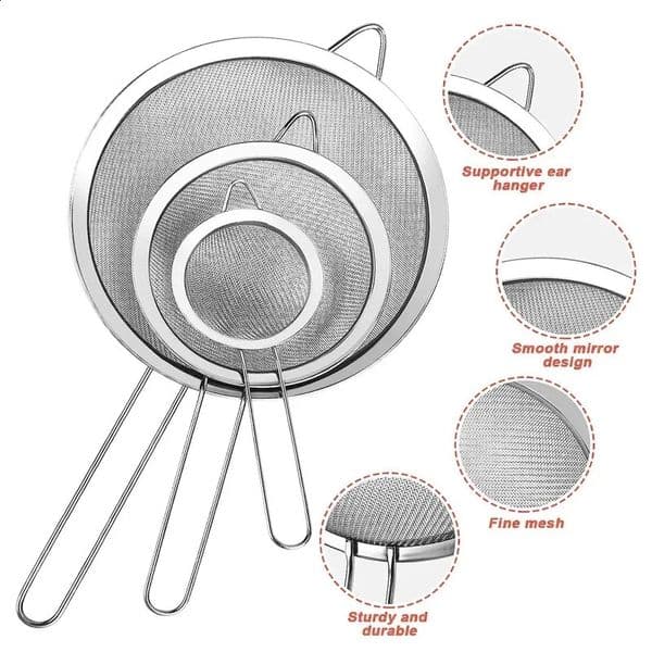 Mesh Filter Sieve Stainless Steel Slotted Spoon Kitchen Set of 3 Fine Strainers Long Handle for Cooking Sifting and Frying 260311