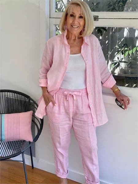 Autumn Spring Casual Suit Women Cotton Linen 2 Piece Set Solid Color Loose Button Shirt Pants Sets Daily Womens Clothing 260316BJ