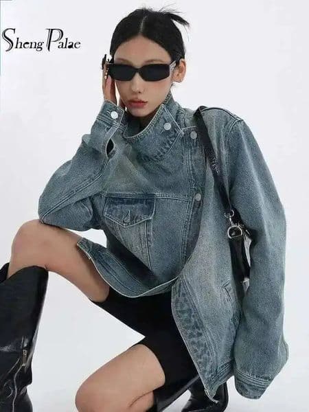 SHENGPALAE Fashion Womens Denim Coat Turtleneck Single Breasted Full Sleeve Patchwork Versatile Jacke Autumn 5R4436 260318