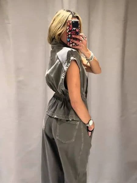 Casual Denim Waistcoat Pant Set Short Sleeve Waistcinching Vest Straight Female Sets 2026 Summer Lady Trouser Suit 260318