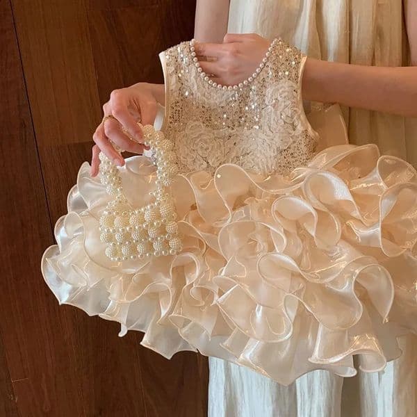 Girls Princess Dress Summer Bright Pearl Dress for Baby Girls Birthday and First Year Dress with Bow Back Decoration 260316
