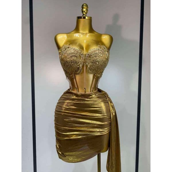 Women Sexy Strapless Sequins Rhinestone Gold Dress Glitter Top Two Pieces Sets Birthday Evening Party Club Singer Stage Outfit Gowns Dress Elegant