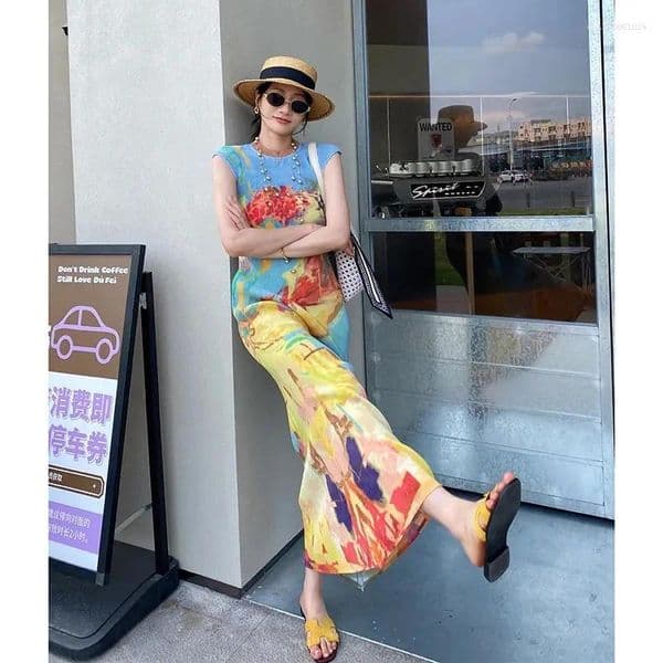 Casual Dresses Womens Woman Clothes Miyake High-grade Pleated Print Dress Chinese National Style Cheongsam Skirt Fishtail Summer