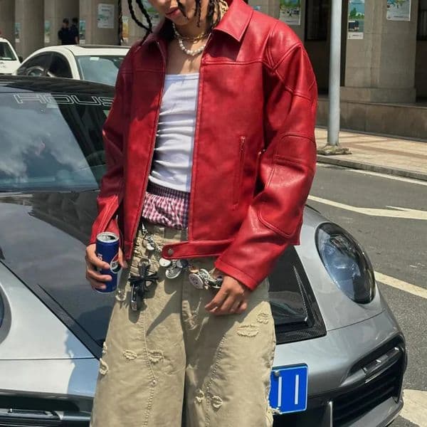 Mens Red Long-Sleeved Pu Leather Jacket American Retro Fashion Trend Street Hip-Hop Loose Casual Niche 2025 Mens Jacket 260319