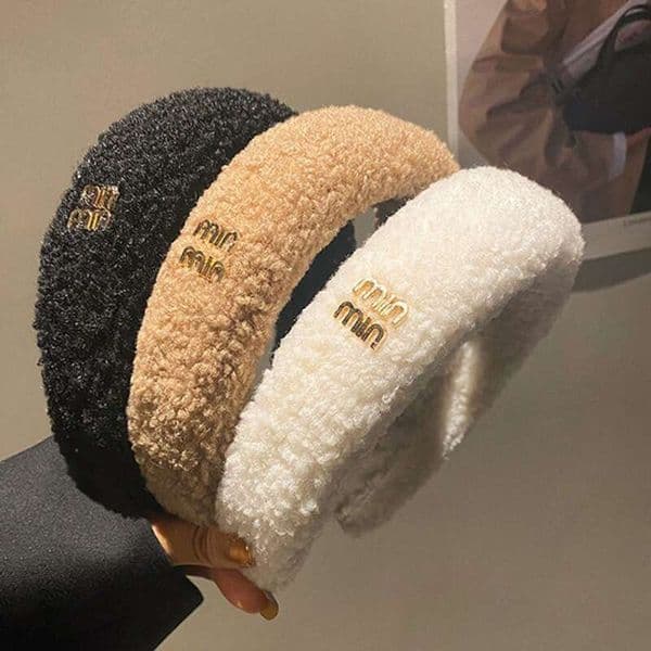 New Luxury Lamb Wool Plush Wide Headband for Women, Milky Coffee High Crown Hairband, Casual Simple Elegant Versatile Letter Design Winter Hair Accessories