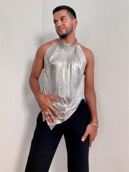 Men's Tank Tops European And American -Selling Amazon Vest Nightclub Sequin Sexy Backless Halterneck Party Metal