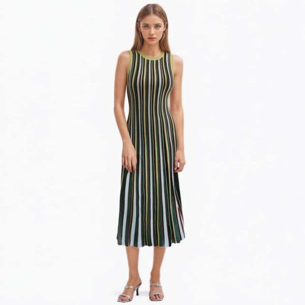 2026 high-end spring and summer elegant D17 ladies round neck sleeveless gold and silver thread pullover striped knitted dress