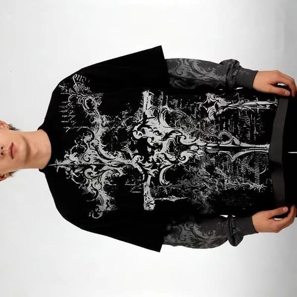 Street Y2K Fashion Trend Goth Print Long Sleeved Tshirt Men Harajuku Hip Hop Retro Casual Loose Unisex Spot y260228BANJIA