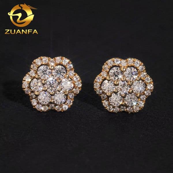 Flower Design 10K Solid Gold Iced Out Diamond Screw Back Ear Studs Hip Hop Jewelry VVS Moissanite Cluster Stud Earrings