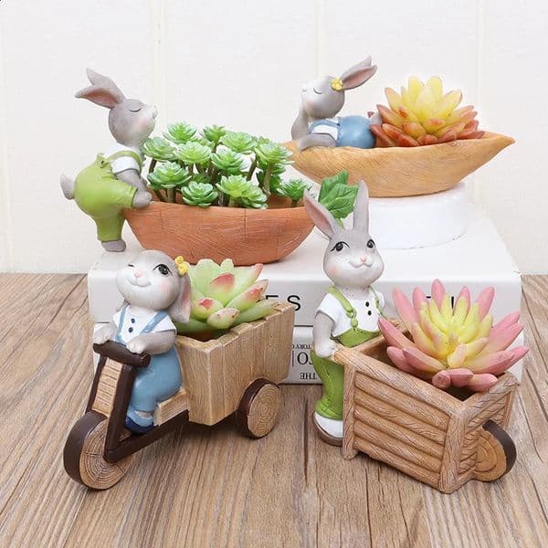 Cartoon Bunny Garden Pots Decorative Flower Pot Planter for Succulents Cactus Resin Rabbit Figurines Statues Tabletop Decor 260318