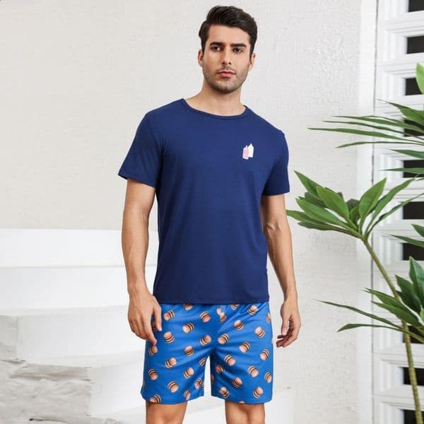 Funny Hamburger Print Pajama Set For Men Short-Sleeve Top Shorts Hombre Fashionable Homewear Breathable Casual Outfits Quick Dry 260318