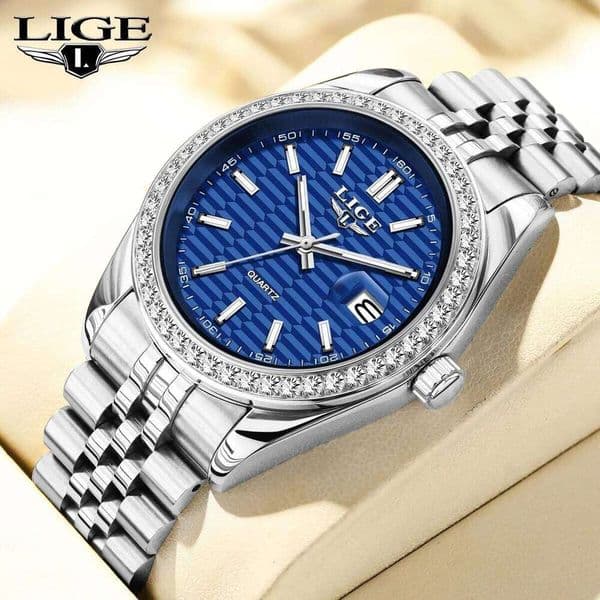 LIGE Luxury Mens Fashion Business Diamond Dial Waterproof Quartz Watches Classic Luminous Date Stainless Steel Man Watch