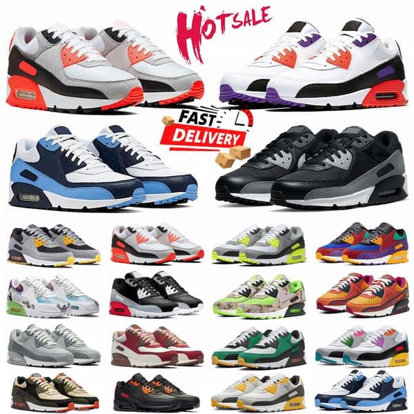 designer 90 Mens Running Shoes OG Triple White Black UNC Wolf Grey Polka Dot Infrared Supernova Total Orange Lahar Escape Hyper Grape Royal 90s Women Sneakers