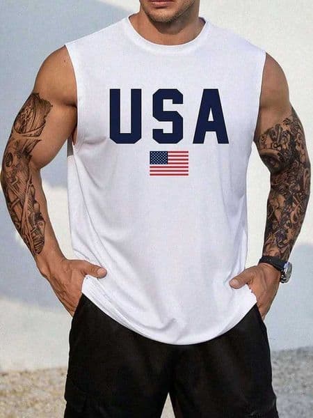 2024 New USA Flag Print Mens Tank Top Summer Casual Mens Loose Sveless T-shirt Outdoor Sports Fashion Street Mens Tank Top S26319