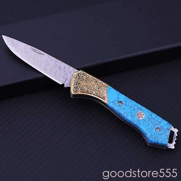 Exquisite Blue and Yellow couteau pocket knife Household Exquisite Fruit Knife Portable Camping Outdoor Knife Damascus fixed blade knife Steel High Hardness