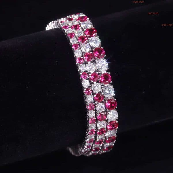 Timely Production 925 Sterling Silver Hiphop Chain 3/4/5Mm Red Lab Grown Sapphire Moissanite Diamond Tennis Bracelet
