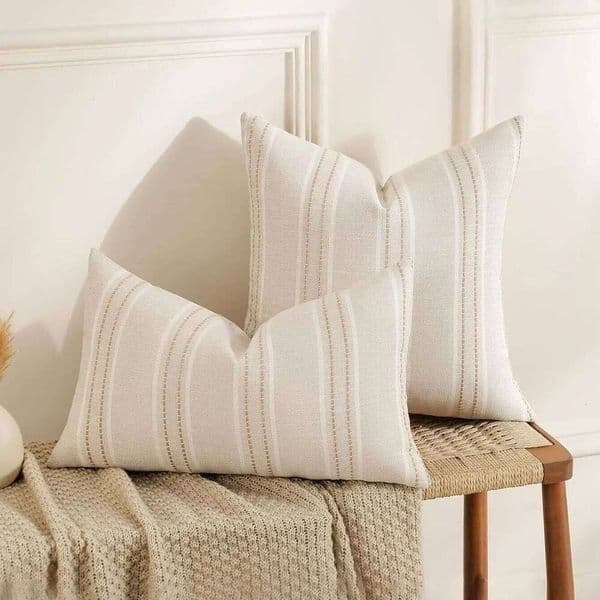 Pillow Case Bohemian Farmhouse Linen Throw Pillowcase Covers Beige with White, Stripe Patterns Decorative Cushion Cases for Sofa and Living Room 26Y0319