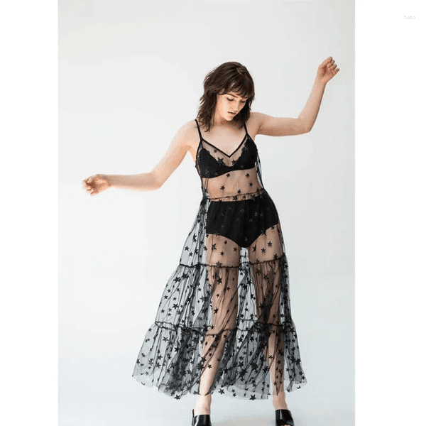 Casual Dresses Women Spaghetti Straps Tulle See Through Long Cover Sexy Baggy Ladies Stars Beach Bling Dress