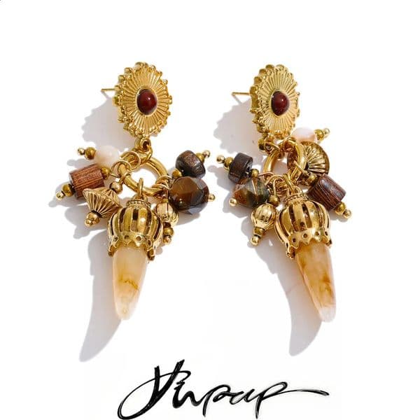 Yhpup Vintage Fashion Stainless Steel Wood Resin Horn Drop Charm Earrings Fashion Distinctive Handmade France Europe Jewelry 260313