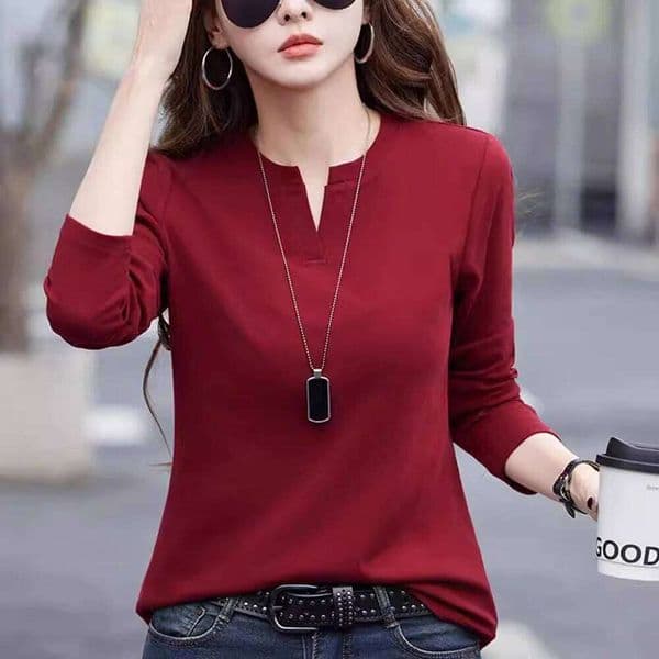 Wine Red Pure Cotton Long Sleeved T Shirts for Woman In Spring And Autumn New Fashionable Plus Size V Neck Slim Fit Casual Top