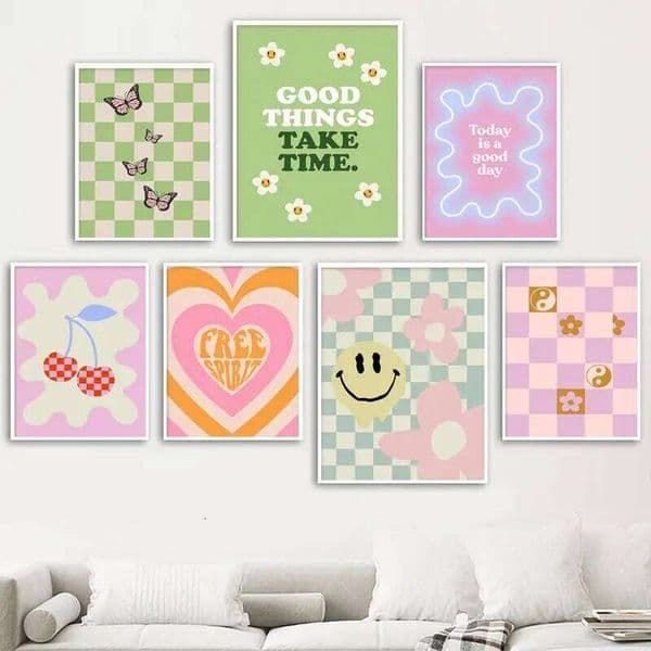 Colorful Danish Pastel Canvas Painting Aesthetic Poster Cherry Plaid Flower Butterfly Print Wall Art Nursery Home Decor 26Y0319