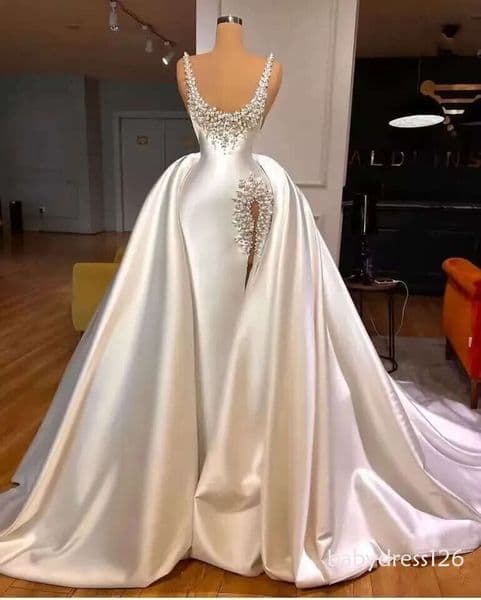 Luxury Mermaid Wedding Dress 2024 Detachable Train Straps Pearls Beading Side Split Satin Women Bridal Formal Gowns Vestidos De Noiva Custom Made ZD19