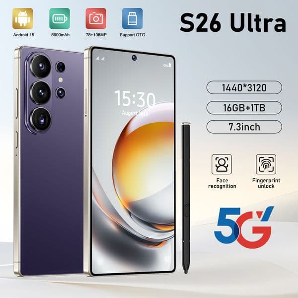 Original S26 Ultra 5G Cell Phone 7.3 Inch Large Screen 108MP Camera 8000mAh Battery 24GB 2TB Storage Android System Global Unlocked Phone