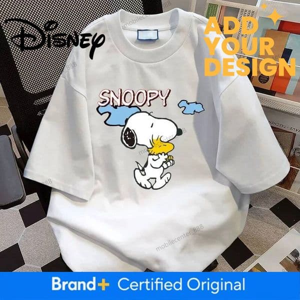 Disney Summer 100% Cotton Short Sleeved Loose Top Snoopy Print Simple Casual Slimming Concise Women Clothing Harajuku Tops