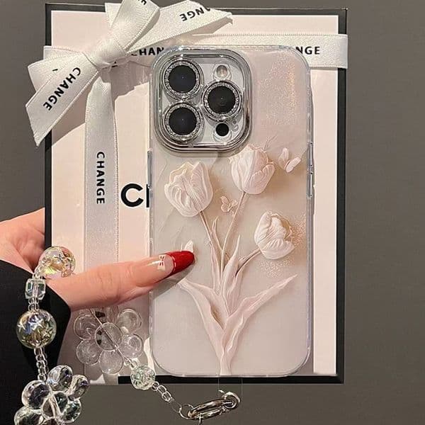 Pink Tulip Phone Case For Iphone 17 16 15 14 13 Pro 12 11 Max Plus 16Pro Bracelet 17Promax Phone Case 16Promax Electroplated 14Pro Lens Ring 15Pro Cover 14Promax Shell