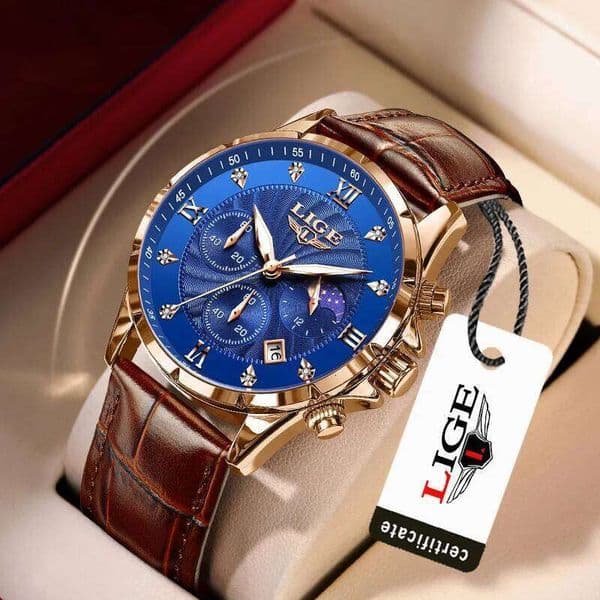 LIGE New Fashion Man Luxury Leather Strap Sport Quartz Watches Men Waterproof Moon Phase Date Mens Watch Chronograph Clock