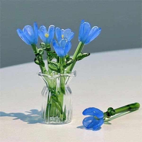 Glass Flower Decor Handcrafted Floral Sculpture Handblown Bouquet with Vase Mini Decoration for Home Room 260319