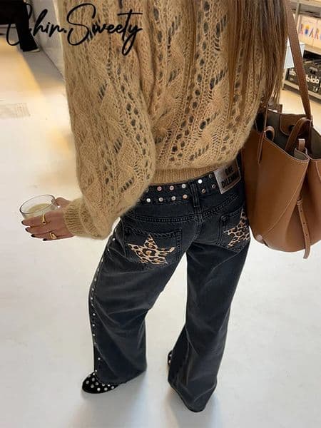Fashion Leopard Star Print Jeans Women High Waist Zipper Straight Leg Wide Leg Pants 2026 Spring Lady Casual Streetwear 260318