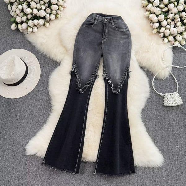 Patchwork Color Fashionable Elegant Flared Jeans for Women High Waist Slim Fit Slimming Tall Elastic Micro Flare Pants Long Trousers