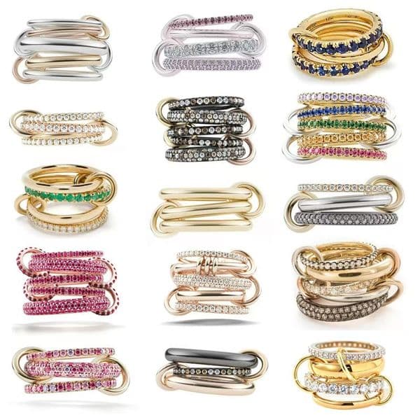 Designer multi-layered full-diamond rings with interlocking bands and alternating copper and zirconia jewelry