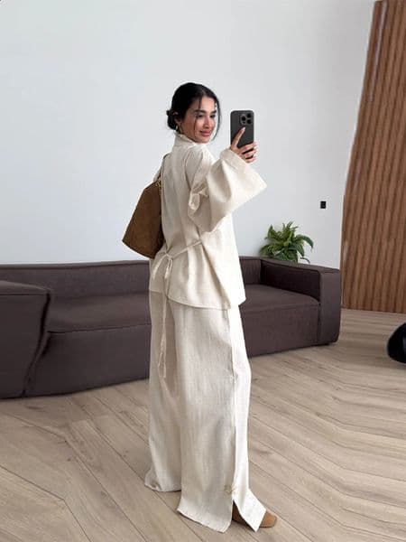 Casual Womens Linen Two-Piece Pants Set Frog Button Mandarin Collar Top Wide Leg Pant Loose Fit Loungewear Suit Workwear Outfit 260318
